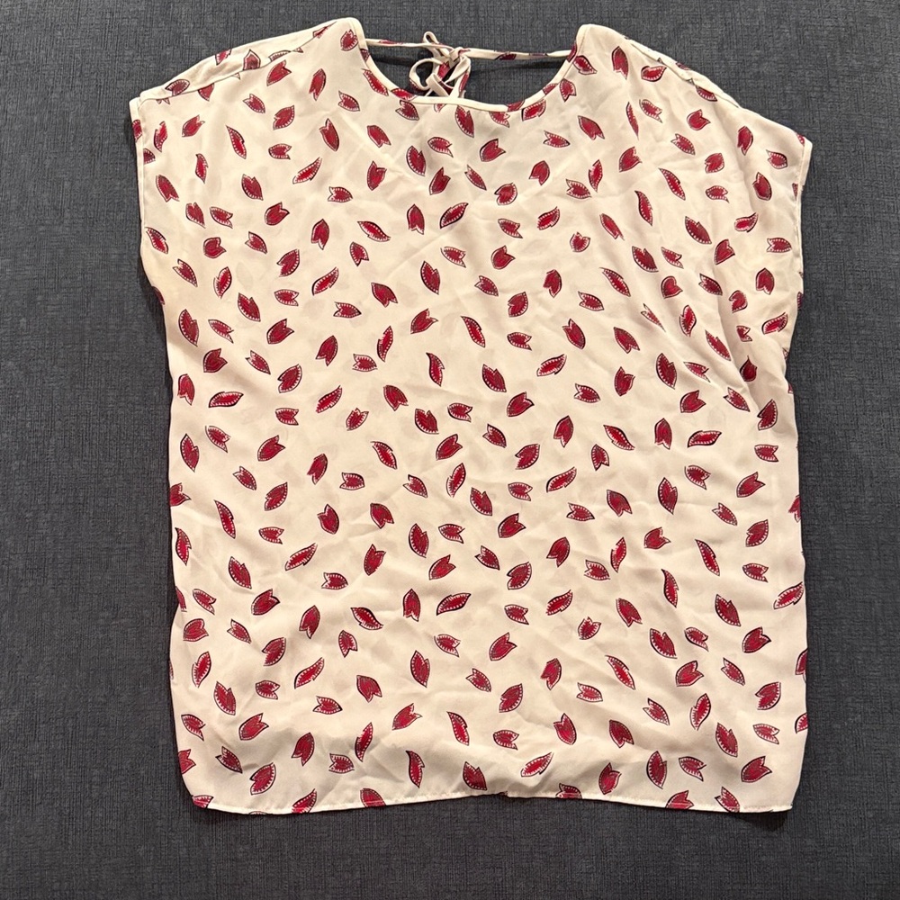 LOFT Cream Blouse with Red Leaf Pattern